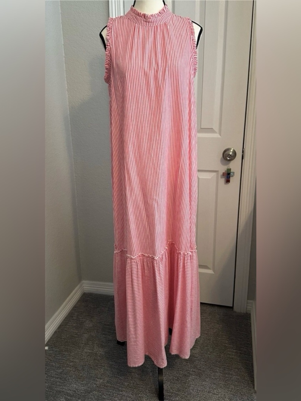 NWT Mud Pie Red & White Striped Ruffle-Neck Maxi Dress Size Small